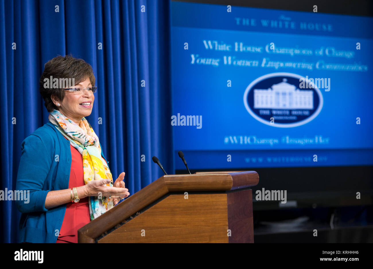 Valerie Jarrett, senior advisor to the President, speaks at the Young Women Empowering Communities: Champions of Change event on Tuesday, September 15, 2015 at the Eisenhower Executive Office Building in Washington, DC. The Champions of Change program was created by the White House to recognize 'individuals doing extraordinary things to empower and inspire members of their communities.' Photo Credit: (NASA/Aubrey Gemignani). Astronaut Serena Aunon at Champions of Change (NHQ201509150008) Stock Photo