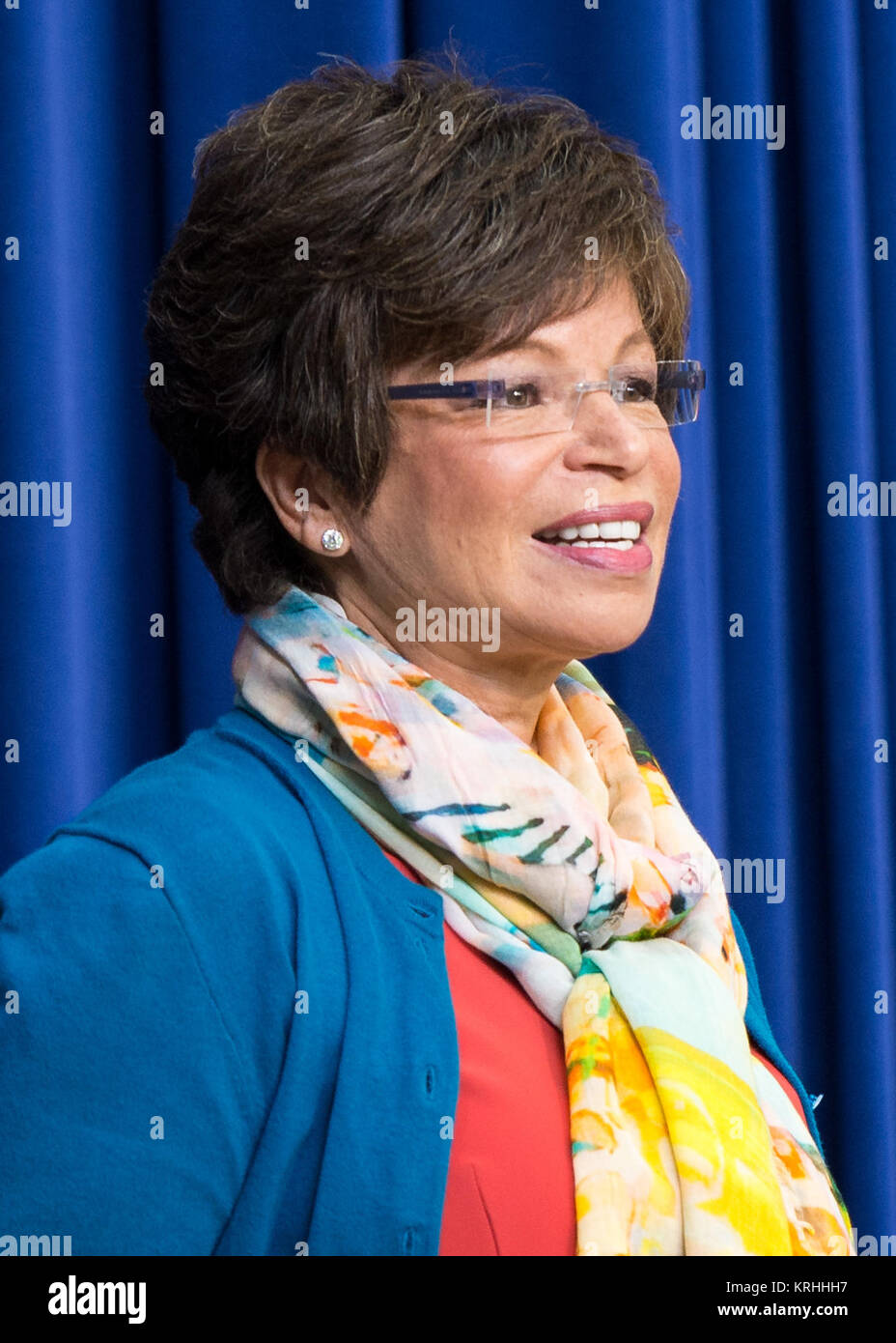 Valerie Jarrett, senior advisor to the President, speaks at the Young Women Empowering Communities: Champions of Change event on Tuesday, September 15, 2015 at the Eisenhower Executive Office Building in Washington, DC. The Champions of Change program was created by the White House to recognize 'individuals doing extraordinary things to empower and inspire members of their communities.' Photo Credit: (NASA/Aubrey Gemignani). Valerie Jarrett in 2015 Stock Photo