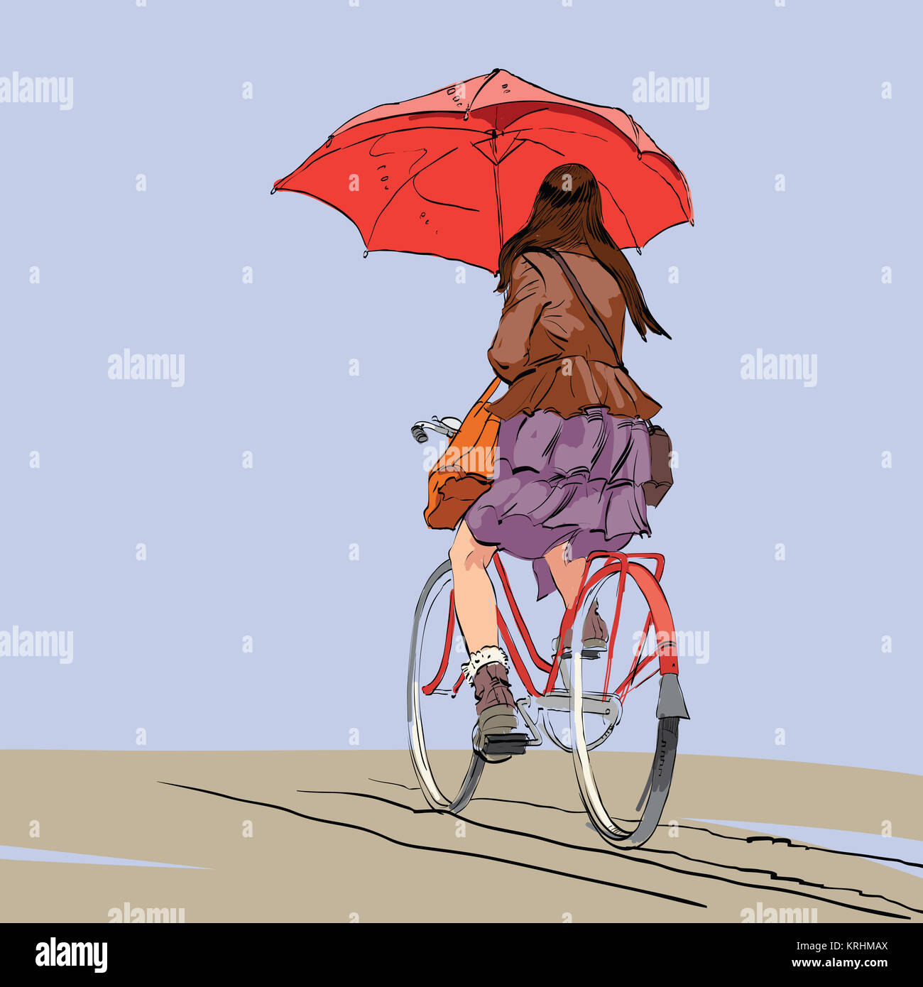 Girl on bike with umbrella autumn rain Stock Photo Alamy