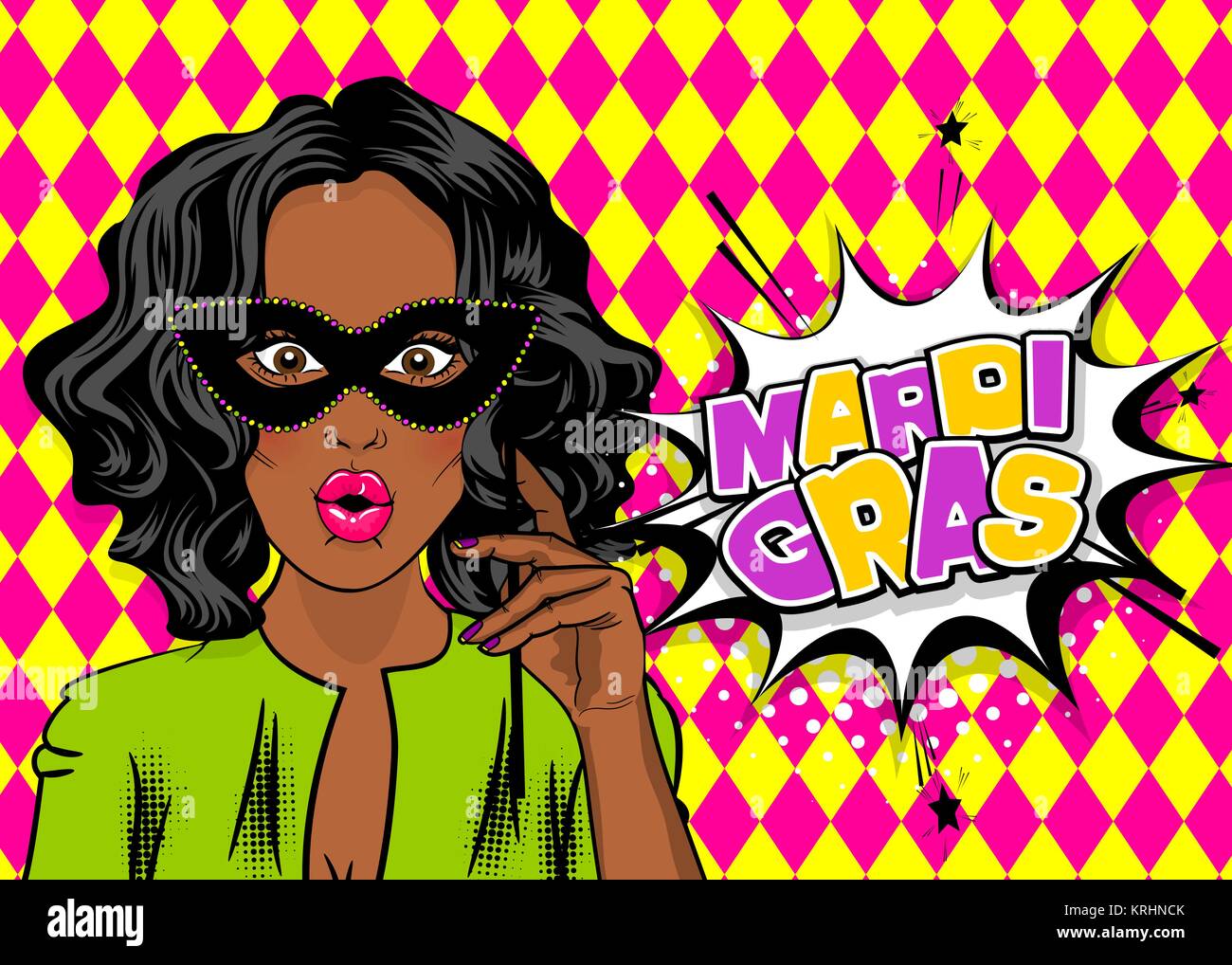 African american black star pop art woman girl wow face kitsch fashion in mask. Mardi Gras - Fat Tuesday carnival carnival French country. Comic book  Stock Vector