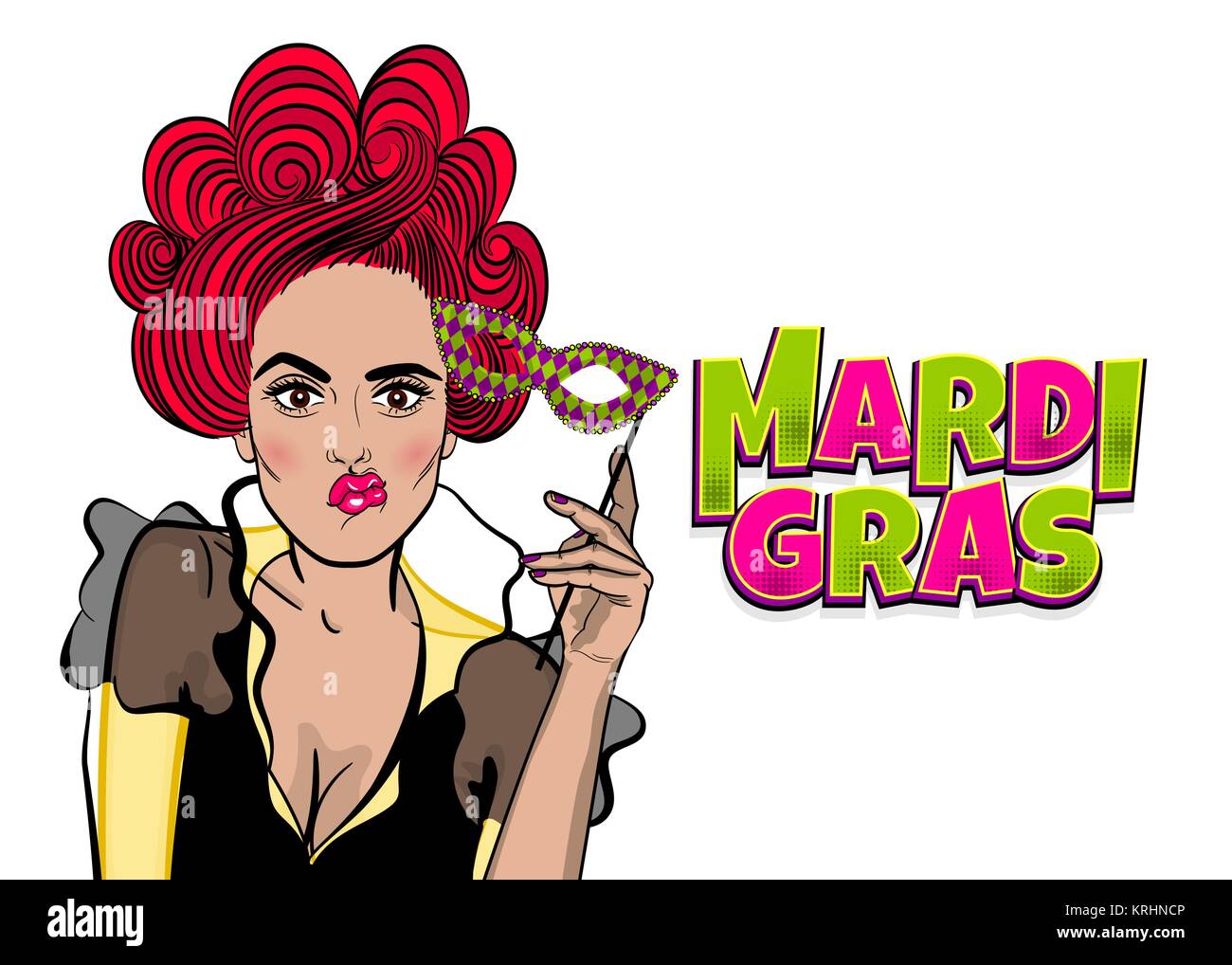 Dare pop-art woman girl wow face kitsch fashion. Hold hand mask. Mardi Gras - Fat Tuesday carnival carnival in a French-speaking country. Comic book c Stock Vector
