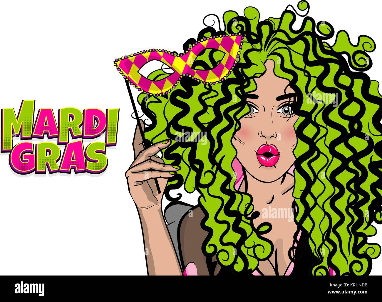 Pop-art woman girl wow face kitsch fashion. Hold hand mask. Mardi Gras - Fat Tuesday carnival carnival in a French-speaking country. Comic book cartoo Stock Vector