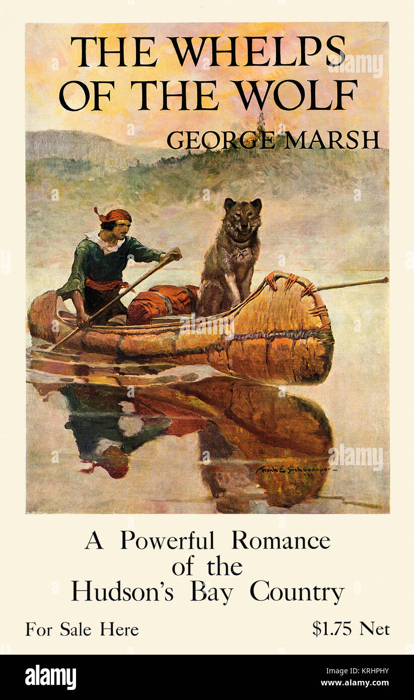 A man rows a canoe with baggage and wolf on board. Stock Photo