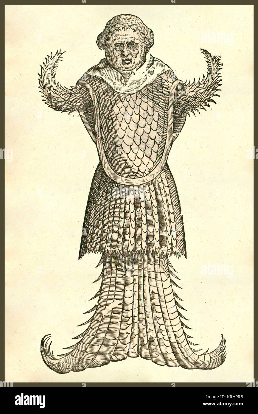 'Monstrum Marinum effigie Monachi Monster of the sea forms Monk from Ulisse Aldrovandi acute s Monstrorum Historia, 1642. The sea monk, or sometimes monk-fish, was the name given to a sea animal found off the coast of Denmark in 1546. Sea monsters are sea-dwel' Stock Photo