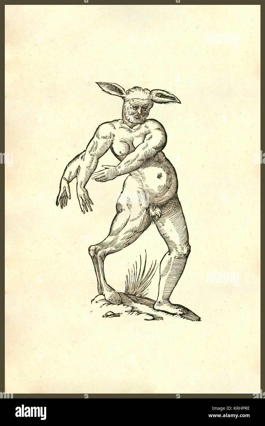 'Renaissance   Woodcut,Centauri alia species,centaur,man/horse of a different kind,man with three arms,a right leg similar to that of a horse,two donkey's ears.  From the 1642 book Monstrorum Historia by Ulisse Aldrovandi  (Bologna, 1522-1605).   He is considered the founder of modern Natural History.' Stock Photo