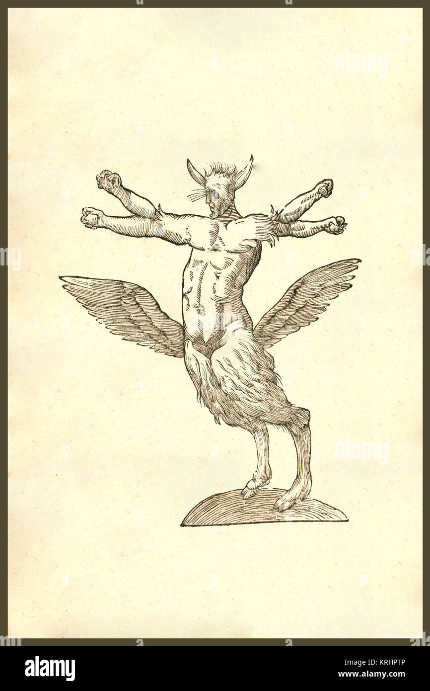 'Monstrum tetrachiron alatum capite humano aurito, bearded monster with two wings, four arms, two shoulders, human head, animal ears, human body and goat's legs.  From the 1642 book Monstrorum Historia by Ulisse Aldrovandi  (Bologna, 1522-1605).   He is considered the founder of modern Natural History.' Stock Photo