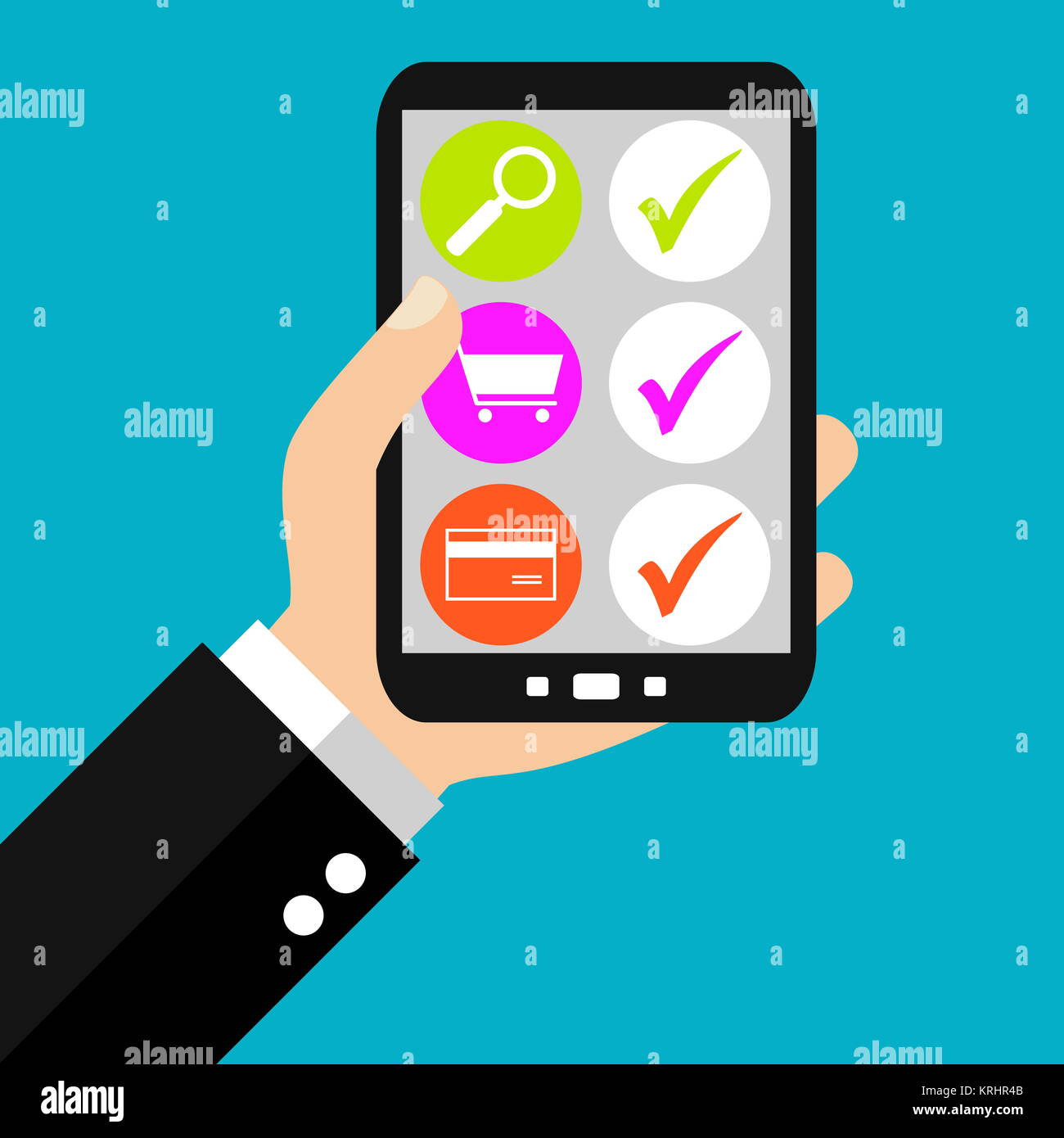 Hand mit Smartphone: suchen bestellen und bezahlen - Flat Design Stock Photo