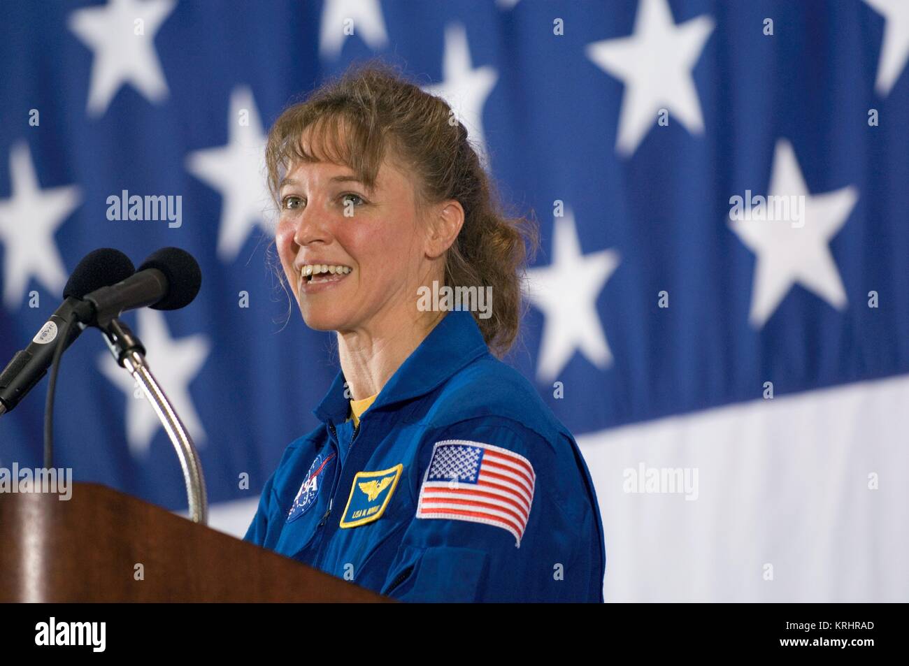 NASA International Space Station Space Shuttle Discovery STS-121 mission prime crew member American astronaut Lisa Nowak speaks during the crew return ceremony at the Johnson Space Center Ellington Field Hangar 276 June 18, 2006 in Houston, Texas. Stock Photo