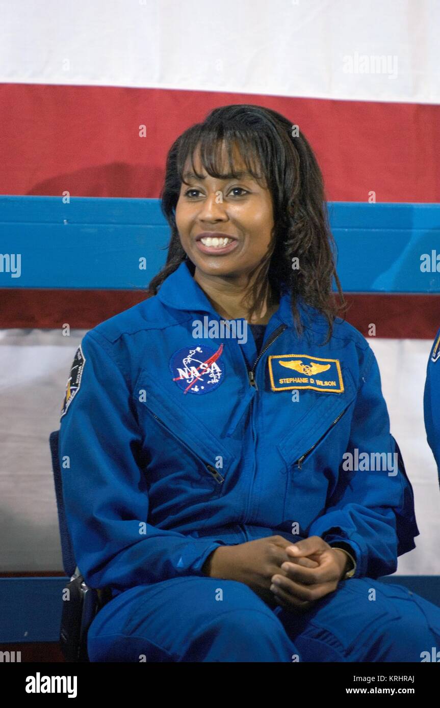 NASA International Space Station Space Shuttle Discovery STS-121 mission prime crew member American astronaut Stephanie Wilson during the crew return ceremony at the Johnson Space Center Ellington Field Hangar 276 June 18, 2006 in Houston, Texas. Stock Photo