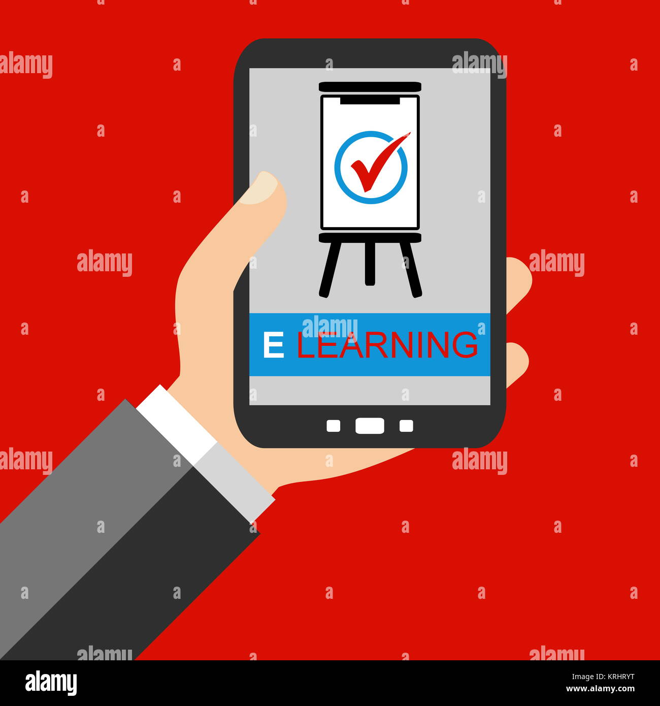 Hand mit Smartphone: E Learning  - Flat Design Stock Photo