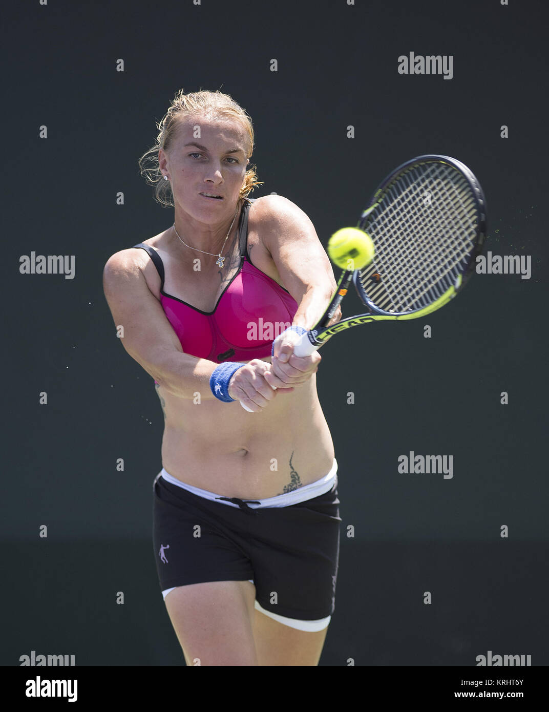 Key Biscayne, FL - March 26: Svetlana Kuznetsova (RUS) practices for the 2015 Miami Open on March 26, 2015 in Key Biscayne, Florida   People:  Svetlana Kuznetsova Stock Photo