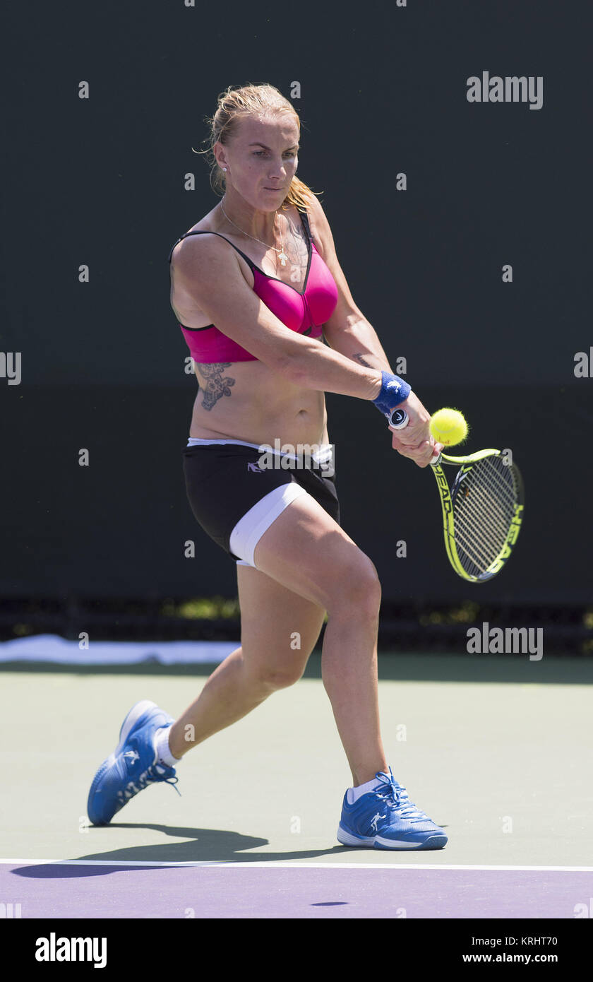 Key Biscayne, FL - March 26: Svetlana Kuznetsova (RUS) practices for the 2015 Miami Open on March 26, 2015 in Key Biscayne, Florida   People:  Svetlana Kuznetsova Stock Photo