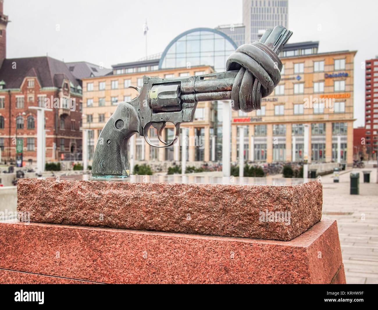 MALMO, SWEDEN-APRIL 10, 2016: Bronze sculpture The Knotted Gun (Non-Violence)  by Carl Fredrik Reutersward. Stock Photo