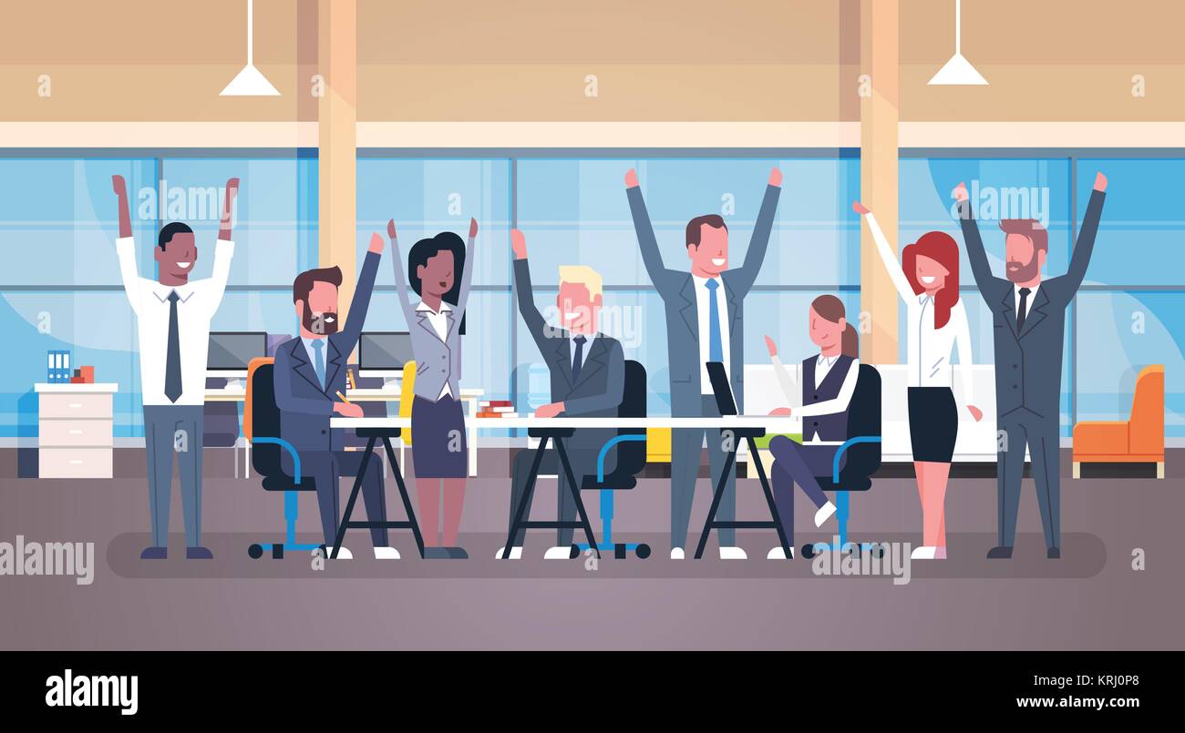 Cheerful Business Team Sitting Together At Desk Happy Group Of ...