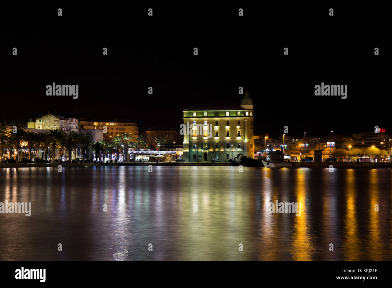 Panorama of Old Town of Split at Night, Croatia Stock Photo