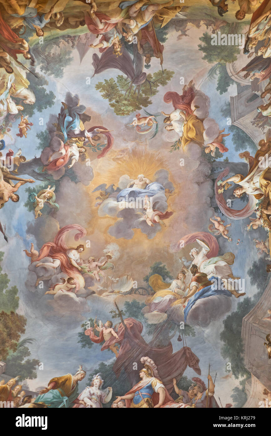 Baroque ceiling painting in the royal apartments - Royal Palace of Caserta ('Reggia di Caserta'), 18th century, Naples, Italy. Stock Photo