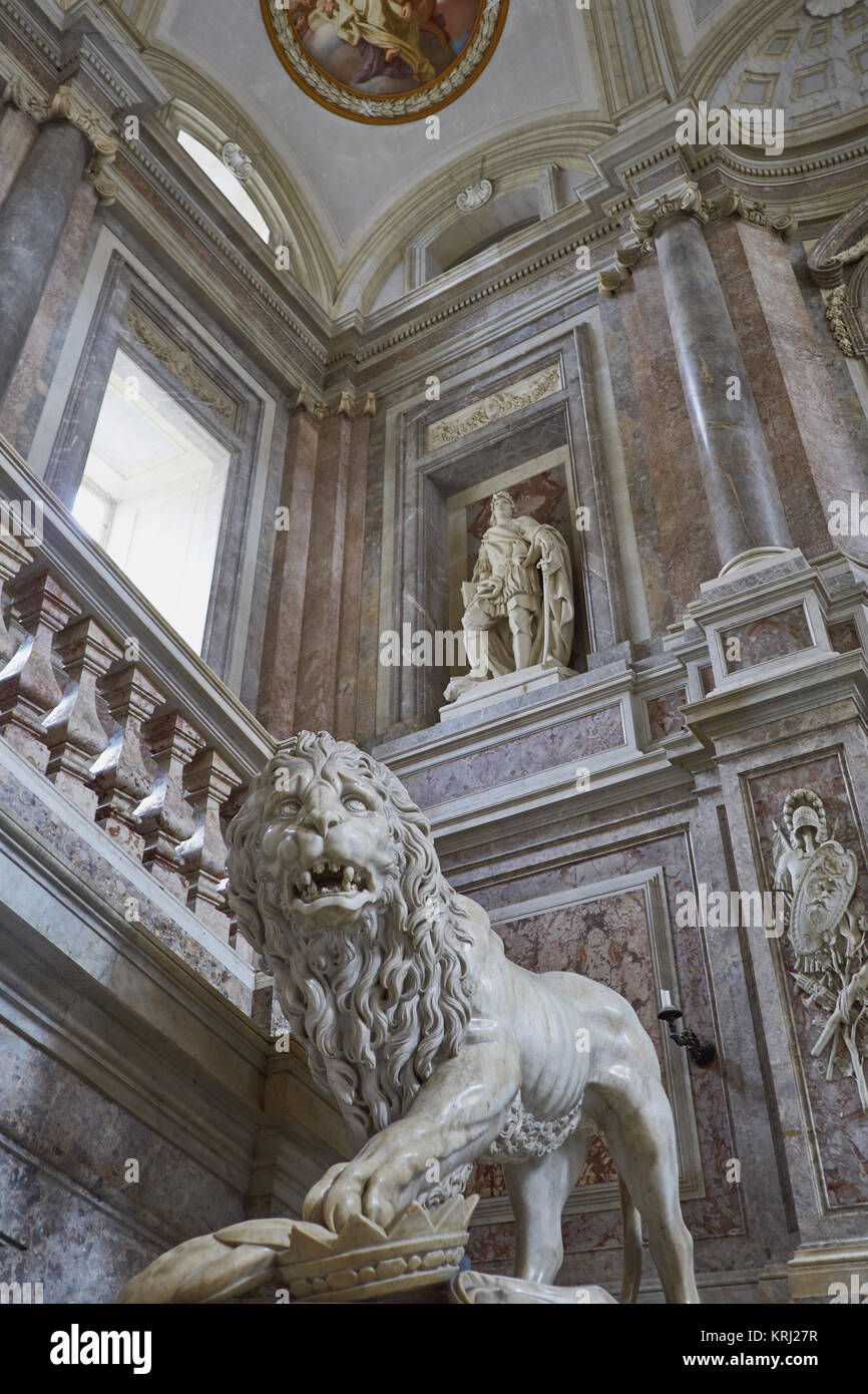 'Grand Staircase of Honour' with marble lion - Royal Palace of Caserta ('Reggia di Caserta'), 18th century, Naples, Italy Stock Photo