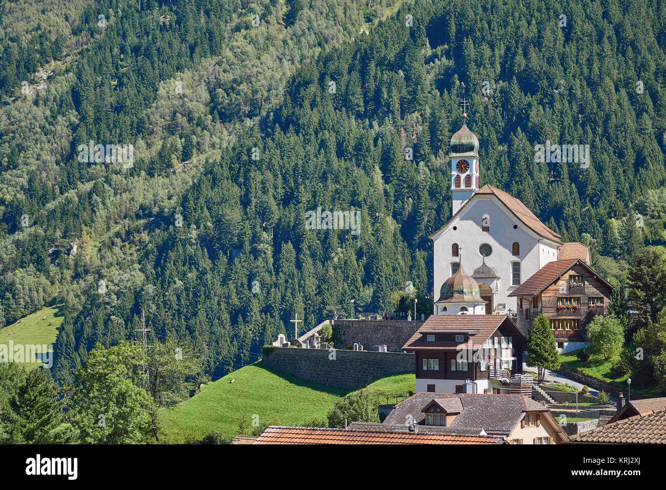 Wassen village and church - near Gotthard Pass in the canton of Uri in Switzerland Stock Photo