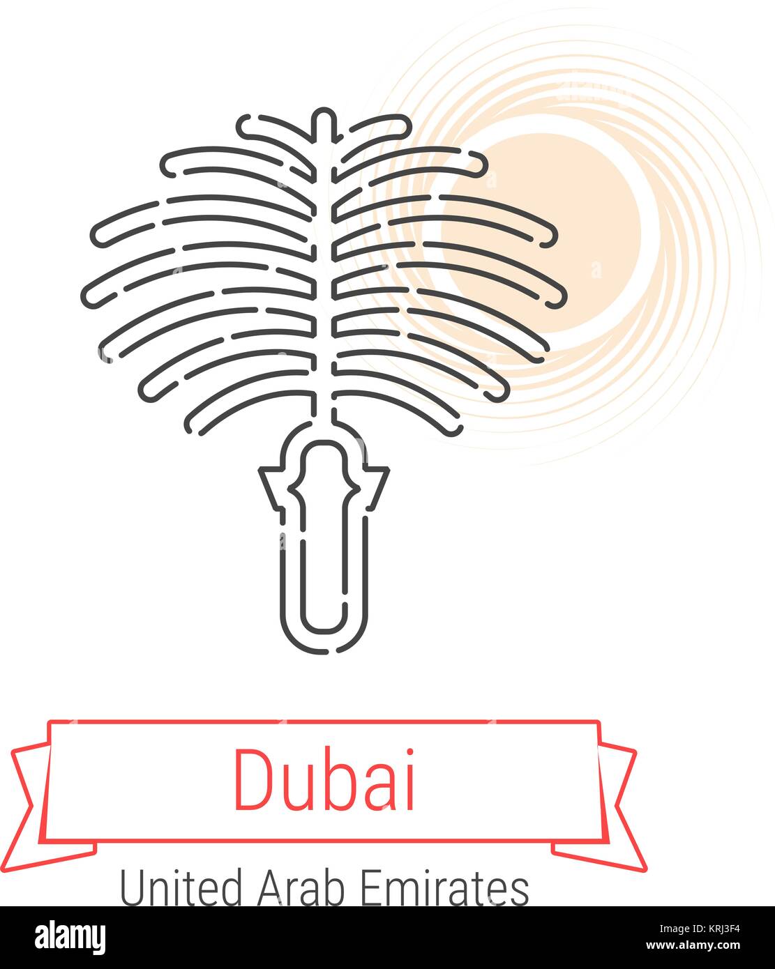 Dubai, United Arab Emirates Vector Line Icon with Red Ribbon Isolated on White. Dubai Landmark - Emblem - Print - Label - Symbol. Palm Island Stock Vector