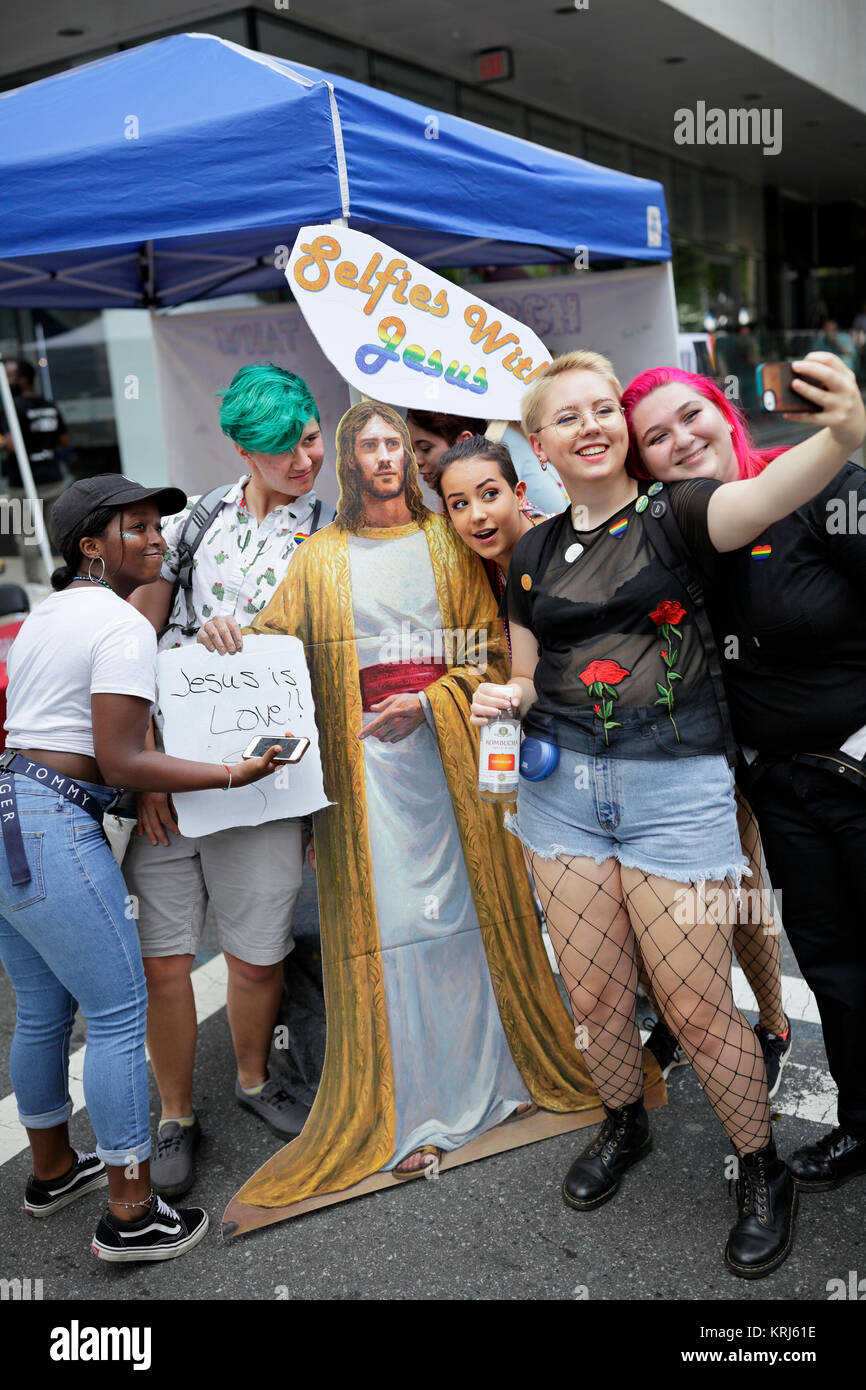 Selfie with Jesus, 2017 Charlotte Pride Festival, Charlotte, North Carolina, USA Stock Photo