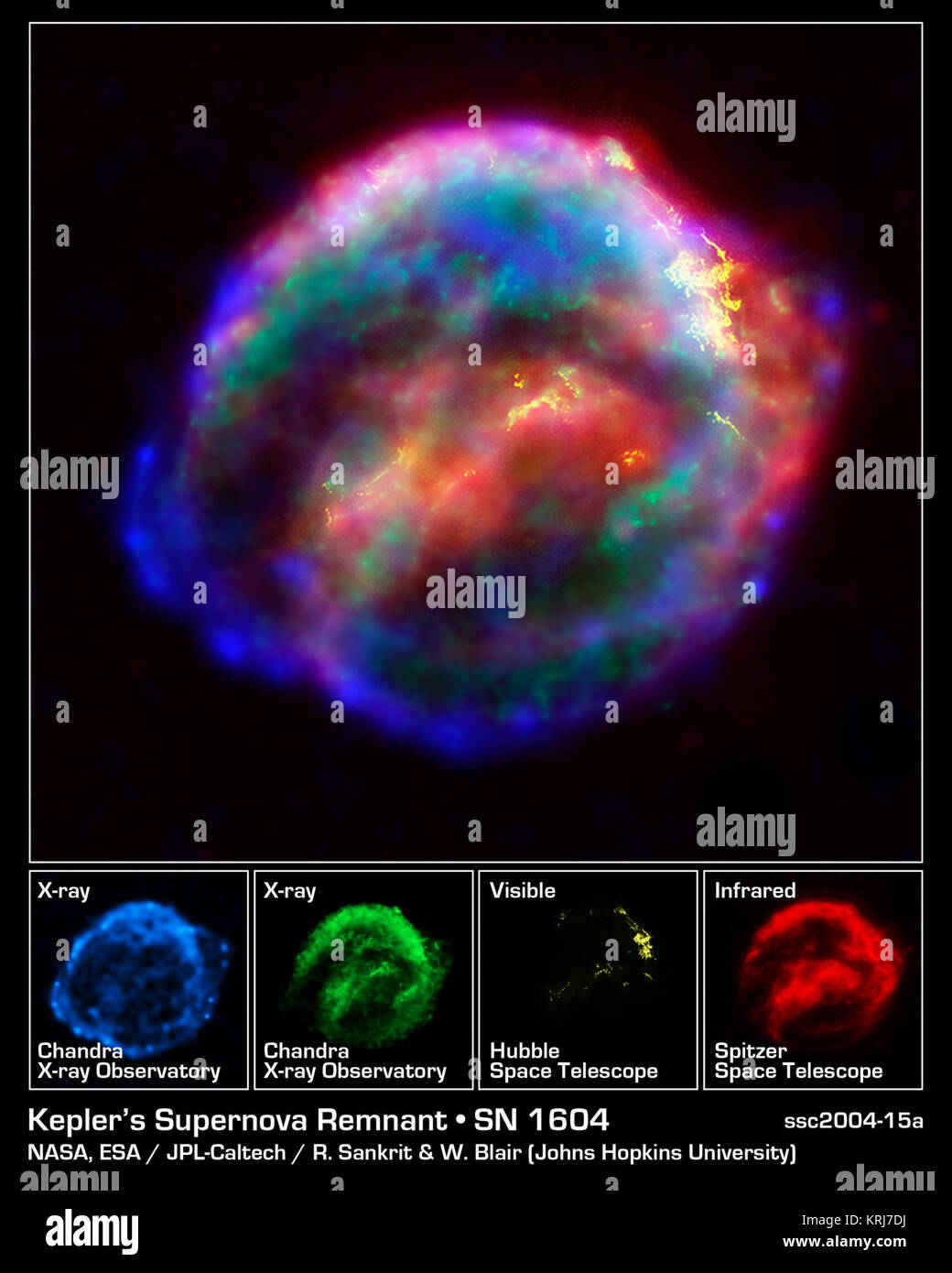 NASA's three Great Observatories -- the Hubble Space Telescope, the Spitzer Space Telescope, and the Chandra X-ray Observatory -- joined forces to probe the expanding remains of a supernova, called Kepler's supernova remnant, first seen 400 years ago by sky watchers, including famous astronomer Johannes Kepler.  The combined image unveils a bubble-shaped shroud of gas and dust that is 14 light-years wide and is expanding at 4 million miles per hour (2,000 kilometers per second). Observations from each telescope highlight distinct features of the supernova remnant, a fast-moving shell of iron-r Stock Photo
