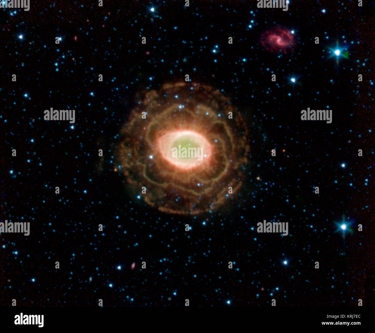 NASA's Spitzer Space Telescope finds a delicate flower in the Ring Nebula, as shown in this image. The outer shell of this planetary nebula looks surprisingly similar to the delicate petals of a camellia blossom. A planetary nebula is a shell of material ejected from a dying star. Located about 2,000 light years from Earth in the constellation Lyra, the Ring Nebula is also known as Messier Object 57 and NGC 6720. It is one of the best examples of a planetary nebula and a favorite target of amateur astronomers.  The 'ring' is a thick cylinder of glowing gas and dust around the doomed star. As t Stock Photo