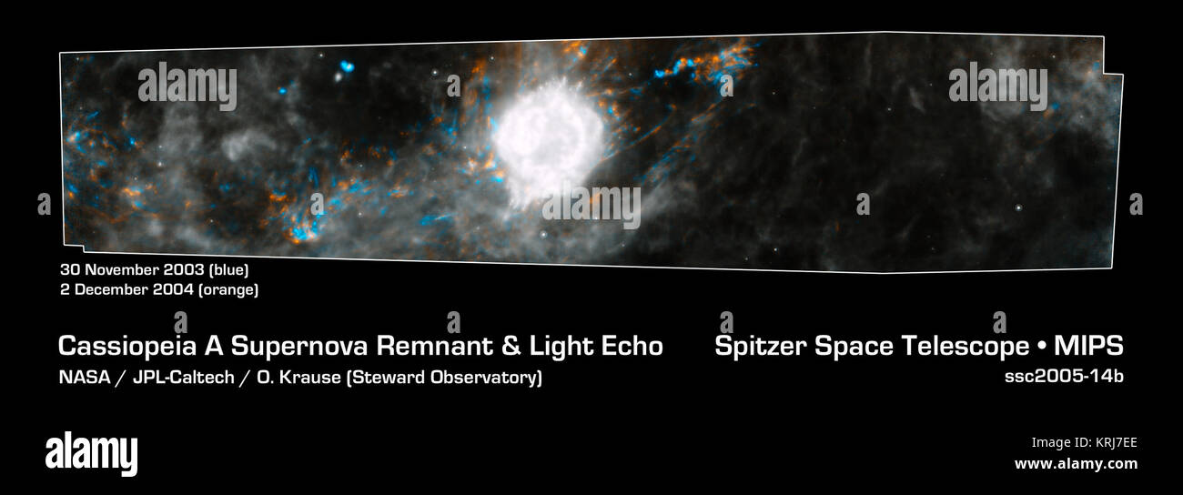 This Spitzer Space Telescope composite shows the supernova remnant Cassiopeia A (white ball) and surrounding clouds of dust (gray, orange and blue). It consists of two processed images taken one year apart. Dust features that have not changed over time appear gray, while those that have changed are colored blue or orange. Blue represents an earlier time and orange, a later time.  These observations illustrate that a blast of light from Cassiopeia A is waltzing outward through the dusty skies. This dance, called an 'infrared echo,' began when the remnant erupted about 50 years ago.  Cassiopeia  Stock Photo