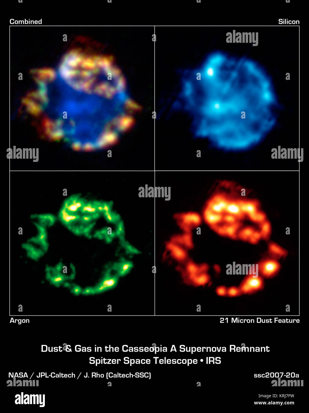 These beautiful bulbs might look like they belong on Christmas trees, but they are actually different Spitzer Space Telescope views of the blown-out remains of a stellar explosion, or supernova. Called Cassiopeia A, this supernova remnant is located about 10,000 light-years away in our own Milky Way galaxy.  The upper left panel is a composite made up of three infrared views shown in the remaining panels. The bottom left view shows argon gas (green) that was synthesized as it was ejected from the star. The bottom right view shows a collection of dust (red), including proto-silicates, silicate  Stock Photo