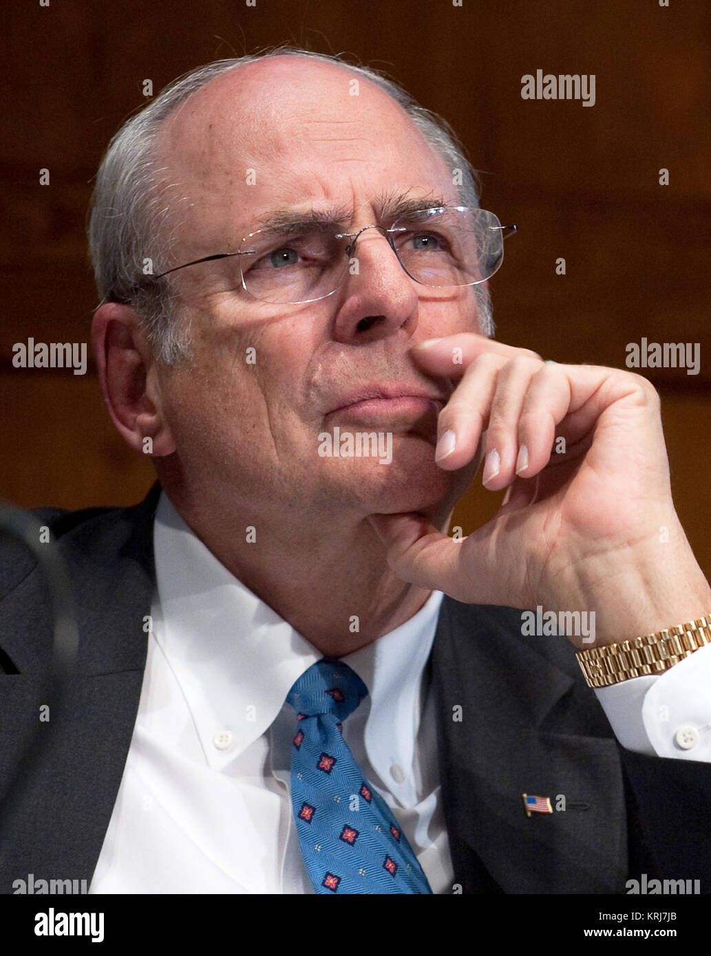 Norman Augustine, chair of the Human Space Flight Review Committee, listens to a comment from the audience during the first of several public meetings at different U.S. locations, Wednesday, June 17, 2009, at the Carnegie Institution in Washington. The panel will examine ongoing and planned NASA development activities and potential alternatives in order to present options for advancing a safe, innovative, affordable and sustainable human space flight program following the space shuttle's retirement. The committee wil present its results by August 2009.  Photo Credit: (NASA/Paul E. Alers) Norma Stock Photo