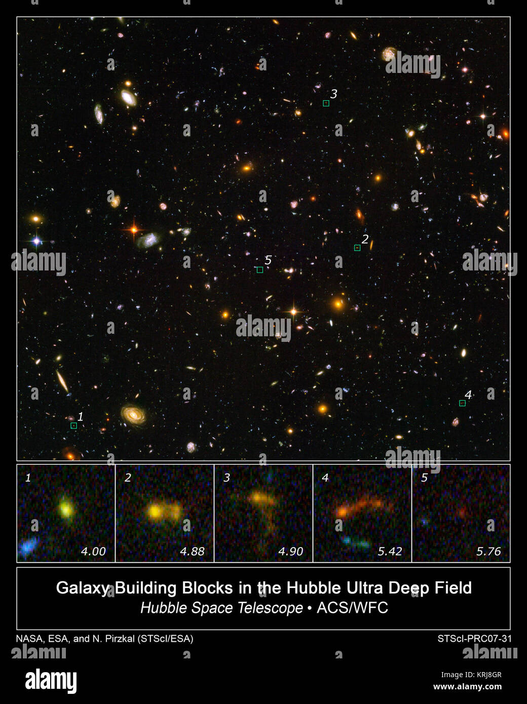 In this image of the Hubble Ultra Deep Field, several objects are identified as the faintest, most compact galaxies ever observed in the distant universe. They are so far away that we see them as they looked less than one billion years after the Big Bang. Blazing with the brilliance of millions of stars, each of the newly discovered galaxies is a hundred to a thousand times smaller than our Milky Way Galaxy.  The bottom row of pictures shows several of these clumps (distance expressed in redshift value). Three of the galaxies appear to be slightly disrupted. Rather than being shaped like round Stock Photo
