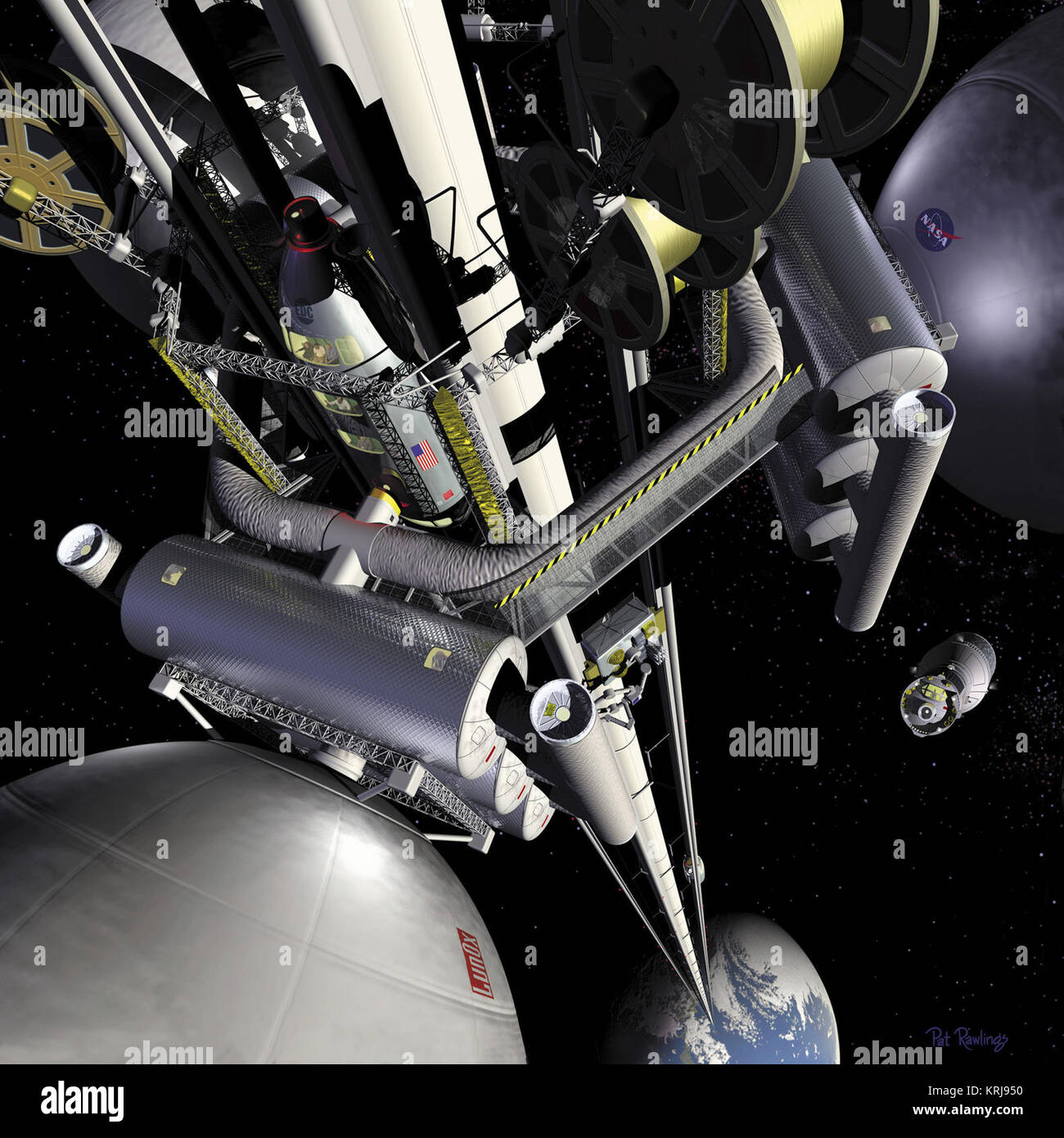 ARTIST RAWLING, PAT CONCEPT OF A SPACE ELEVATOR VIEWED FROM THE GEOSTATIONARY TRANSFER STATION LOOKING DOWN ALONG THE LENGTH OF THE ELEVATOR TOWARD EARTH. Nasa space elev Stock Photo
