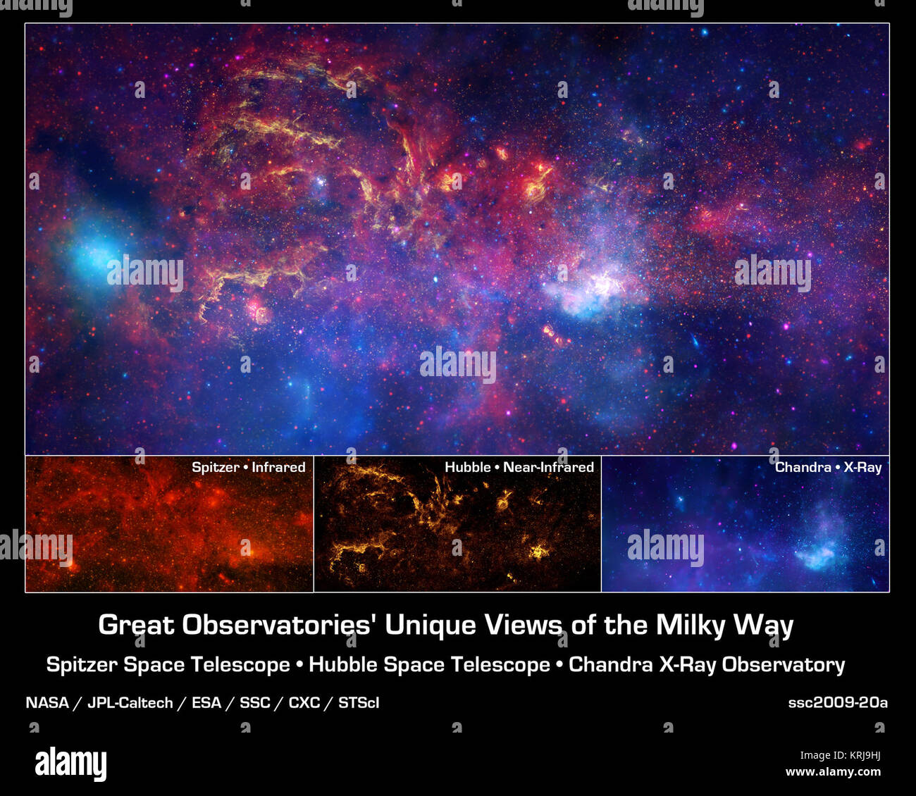 In celebration of the International Year of Astronomy 2009, NASA's Great Observatories -- the Hubble Space Telescope, the Spitzer Space Telescope, and the Chandra X-ray Observatory -- have produced a matched trio of images of the central region of our Milky Way galaxy. Each image shows the telescope's different wavelength view of the galactic center region, illustrating the unique science each observatory conducts.   Bottom Left - Spitzer's infrared-light observations provide a detailed and spectacular view of the galactic center region. The swirling core of our galaxy harbors hundreds of thou Stock Photo