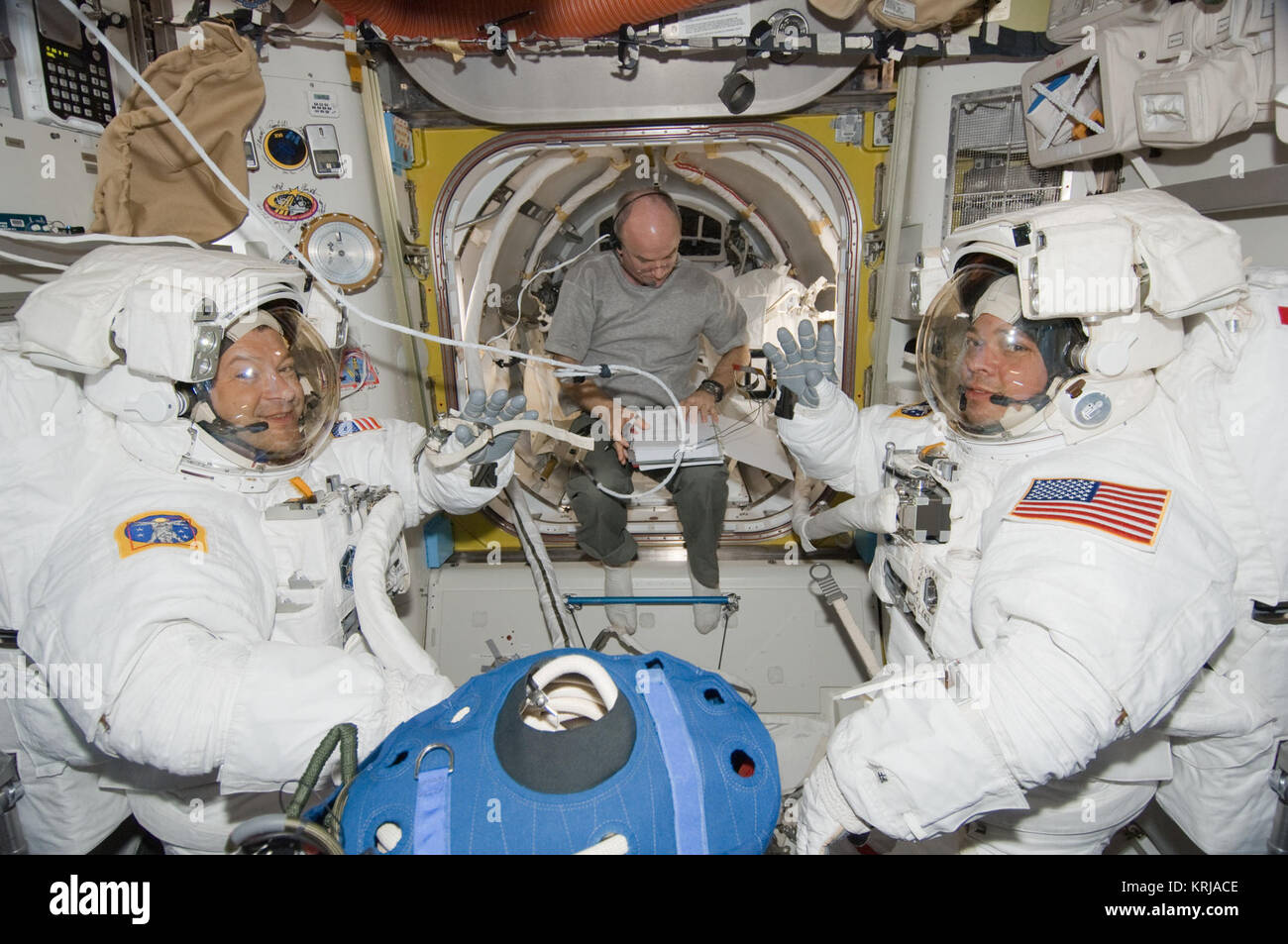 STS-130 Nicholas Patrick, Robert Behnken and Jeffrey Williams at Quest airlock Stock Photo