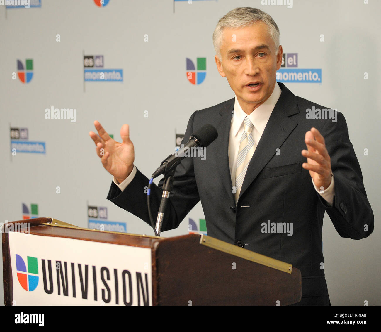 Univision news anchor Jorge Ramos speaks at an event at the National Press Club in Washington, Tuesday, Feb. 23, 2010. NASA is working with Univision Communications Inc. to develop a partnership in support of the Spanish-language media outlet's initiative to improve high school graduation rates, prepare Hispanic students for college, and encourage them to pursue careers in science, technology, engineering and mathematics, or STEM, disciplines.  Photo Credit: NASA/Bill Ingalls  NASA Identifier: 201002230007HQ NASA Univision Hispanic Education Campaign DVIDS858679 Stock Photo