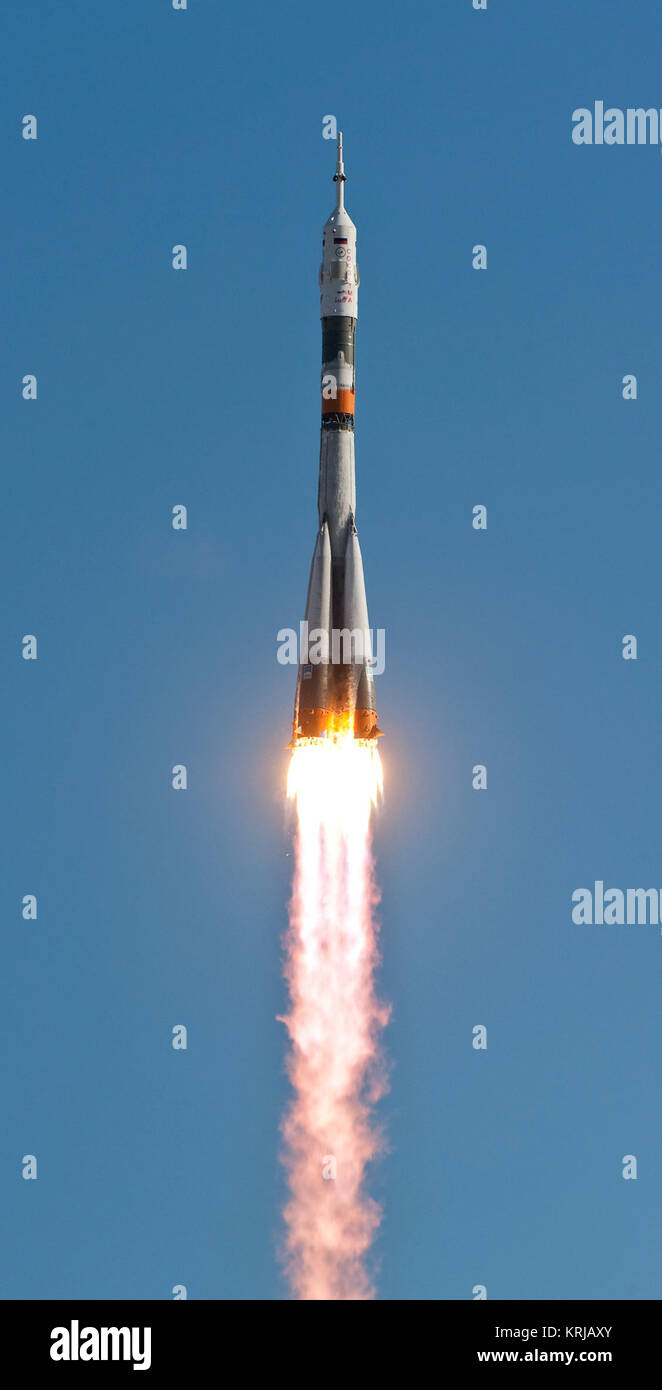 The Soyuz TMA-18 rocket launches from the Baikonur Cosmodrome in Kazakhstan on Friday, April 2, 2010 carrying Expedition 23 Soyuz Commander Alexander Skvortsov of Russia, Flight Engineer Mikhail Kornienko of Russia and NASA Flight Engineer Tracy Caldwell Dyson of the U.S. to the International Space Station.  (Photo Credit: NASA/Carla Cioffi) Soyuz TMA-18 launching Stock Photo