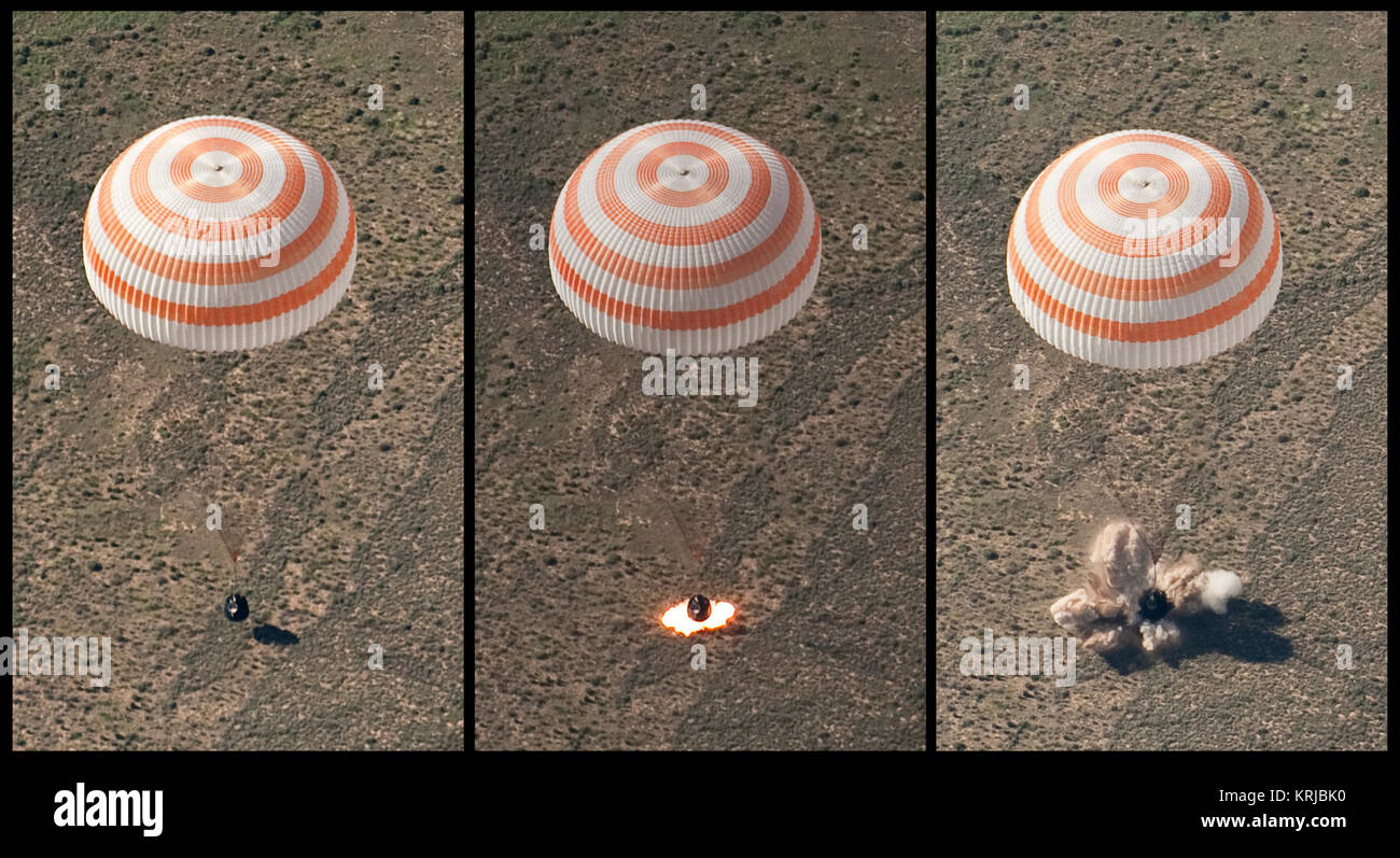 This montage of three frames shows the Soyuz TMA-17 spacecraft as it lands with Expedition 23 Commander Oleg Kotov and Flight Engineers T.J. Creamer and Soichi Noguchi near the town of Zhezkazgan, Kazakhstan on Wednesday, June 2, 2010. NASA Astronaut Creamer, Russian Cosmonaut Kotov and Japanese Astronaut Noguchi are returning from six months onboard the International Space Station where they served as members of the Expedition 22 and 23 crews. Photo Credit: (NASA/Bill Ingalls) Soyuz TMA-17 retro-rockets firing during landing Stock Photo