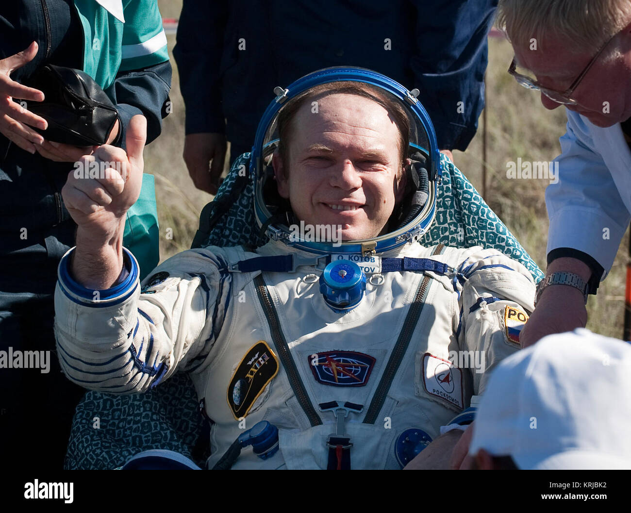Expedition 23 Commander Oleg Kotov is seen sitting in a chair outside the Soyuz Capsule just minutes after he and fellow crew members T.J. Creamer and Soichi Noguchi landed in their Soyuz TMA-17 capsule near the town of Zhezkazgan, Kazakhstan on Wednesday, June 2, 2010. NASA Astronaut Creamer, Russian Cosmonaut Kotov and Japanese Astronaut Noguchi are returning from six months onboard the International Space Station where they served as members of the Expedition 22 and 23 crews. Photo Credit: (NASA/Bill Ingalls) SoyuzTMA17 landing Oleg Kotov Stock Photo