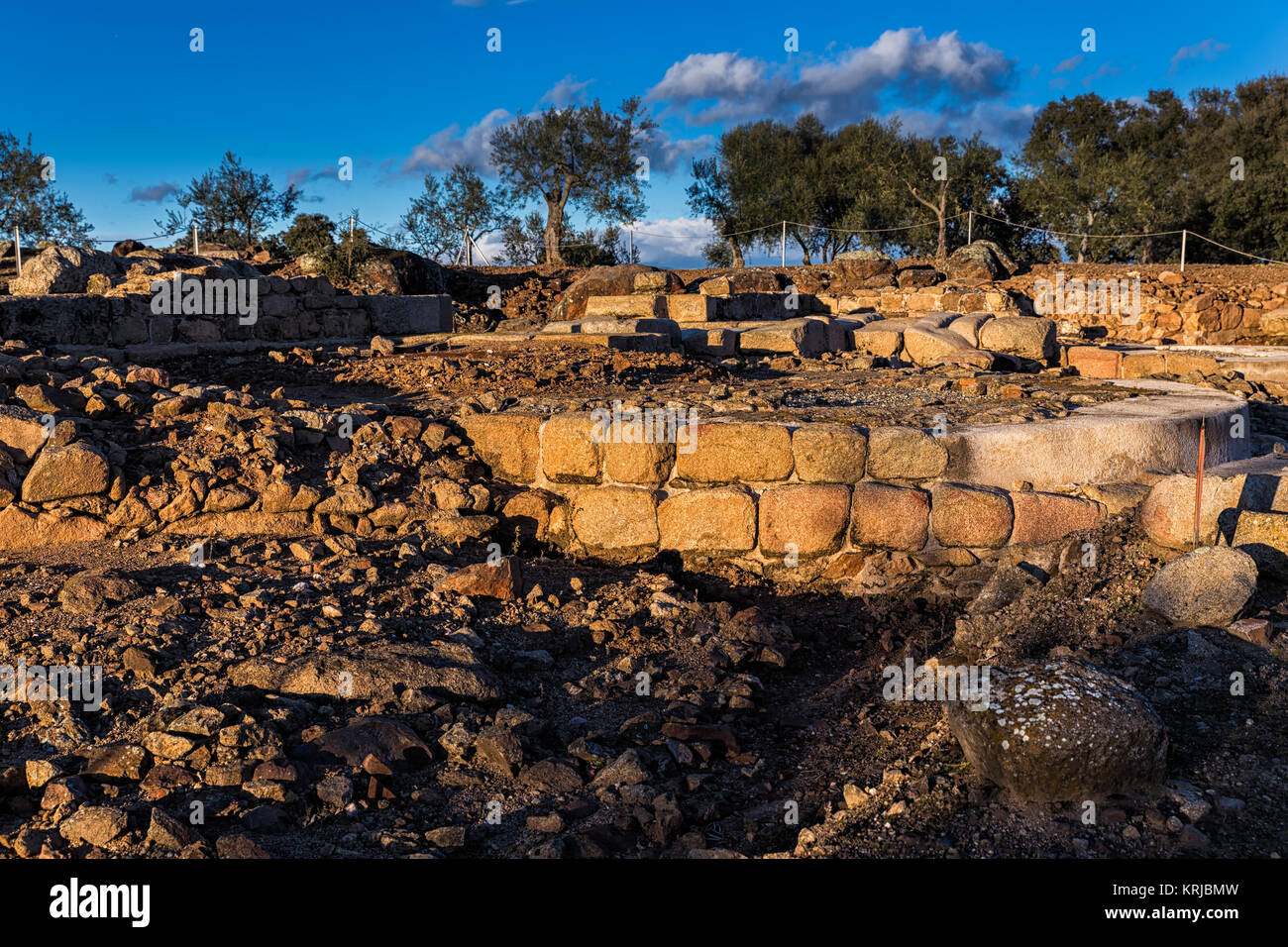 The Roman ruins of Caparra are located in the pasture Casablanca, among the terms of  Oliva de Plasencia and Granadilla. Extremadura. Spain. Stock Photo