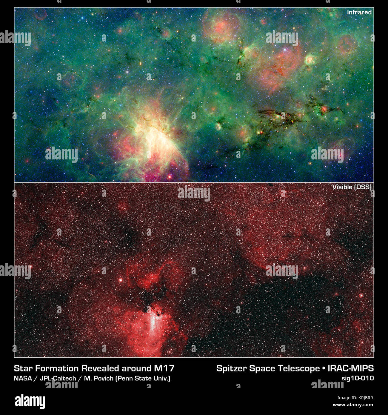 A dragon-shaped cloud of dust seems to fly out from a bright explosion in this infrared light image (top) from the Spitzer Space Telescope, a creature that is entirely cloaked in shadow when viewed in visible part of the spectrum (bottom).  The infrared image has revealed that this dark cloud, called M17 SWex, is forming stars at a furious rate but has not yet spawned the most massive type of stars, known as O stars. Such stellar behemoths, however, light up the M17 nebula at the image's center and have also blown a huge 'bubble' in the gas and dust that forms M17's luminous left edge.  The st Stock Photo