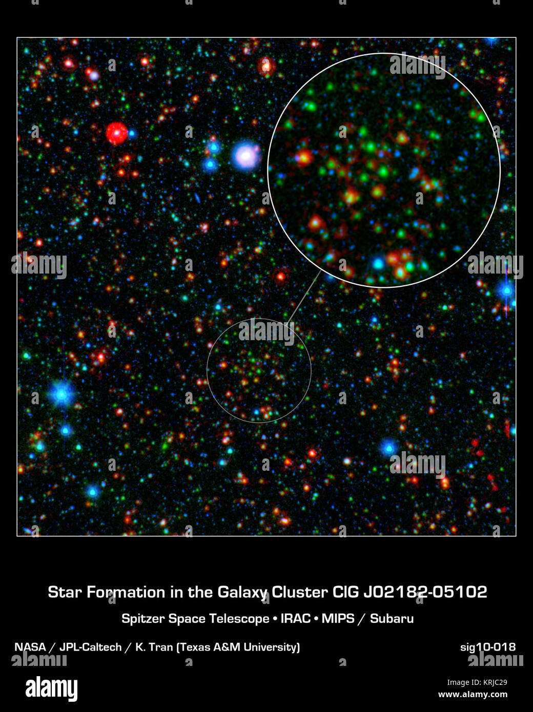 Astronomers have found that stars are forming more rapidly in the center of a distant galaxy cluster than at its edges, which is completely reversed from galaxy clusters seen in the local universe. This cluster, designated CLG J02182-05102, is shown in the call-out.  The image combines infrared light from NASA's Spitzer Space Telescope with visible light from Japan's Subaru telescope atop Mauna Kea, Hawaii. This sensitive exposure captures galaxies that are relatively local along side some that date back almost 10 billion years, soon after the Big Bang. The most distant galaxies stand out clea Stock Photo