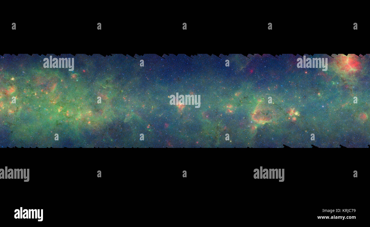 This is one segment of an infrared portrait of dust and stars radiating in the inner Milky Way. More than 800,000 frames from NASA's Spitzer Space Telescope were stitched together to create the full image, capturing more than 50 percent of our entire galaxy.  As inhabitants of a flat galactic disk, Earth and its solar system have an edge-on view of their host galaxy, like looking at a glass dish from its edge. From our perspective, most of the galaxy is condensed into a blurry narrow band of light that stretches completely around the sky, also known as the galactic plane.  This segment extends Stock Photo