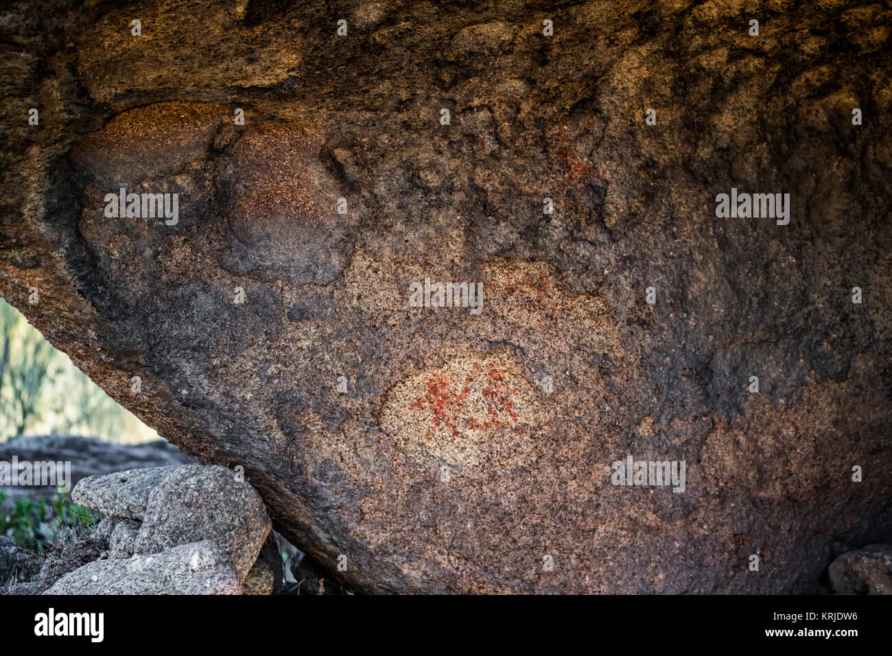 Cave paintings belong to the Chalcolithic period. In the third millennium BC. Photographed in a small cave in the Natural Area of Los Barruecos. Malpa Stock Photo