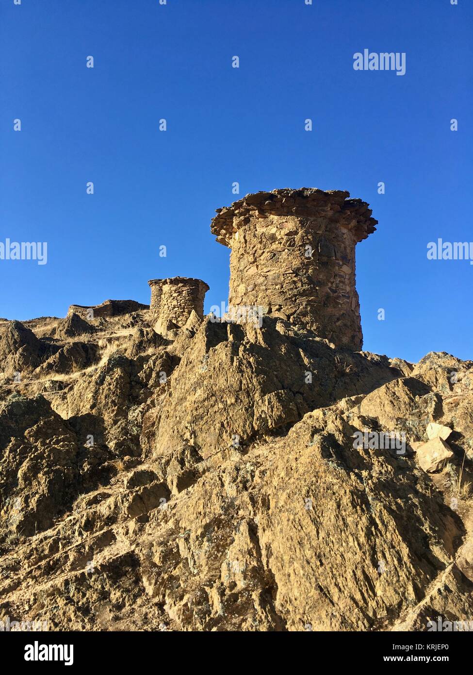 Chullpas de Ninamarca precolombian funeral towers in archaelogical site of Ninamarca, Peru Cuzco region built by pre-Inca Lupaca culture Stock Photo