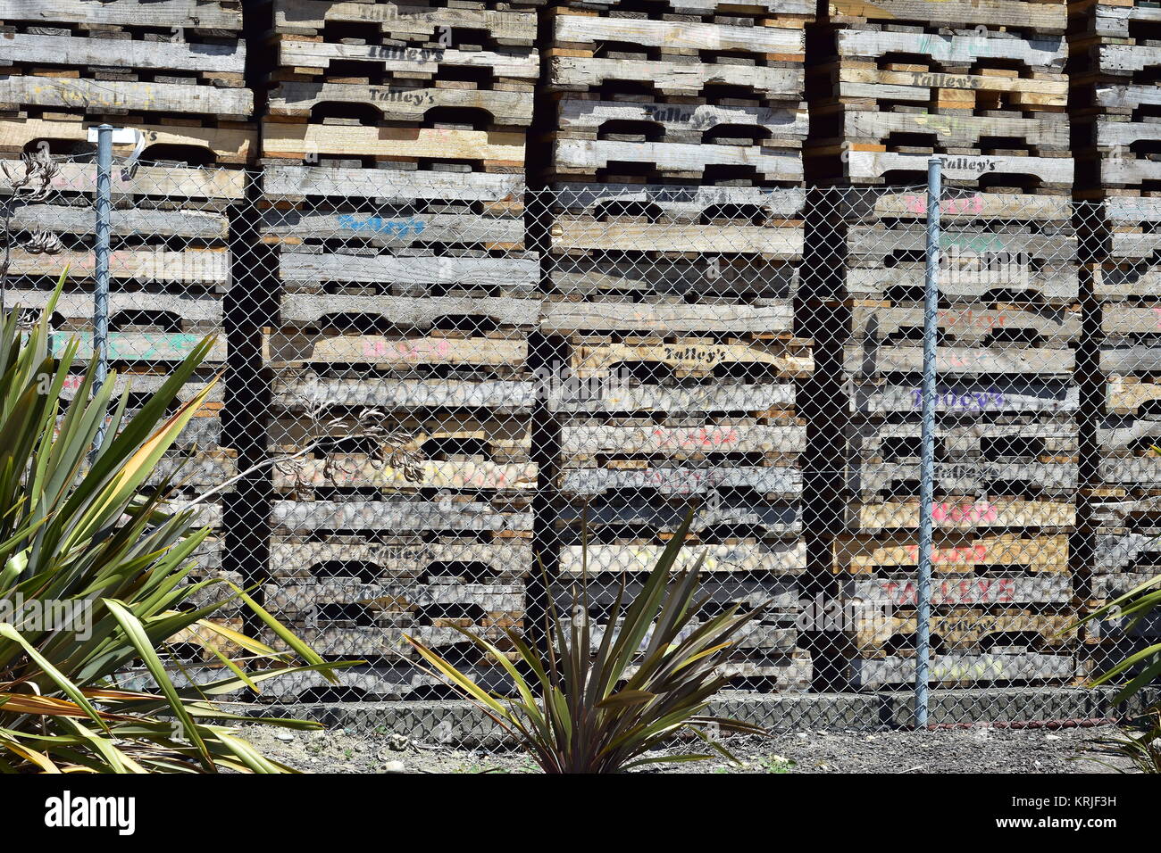 Stacks of wooden industrial pallets behind wired fence Stock Photo - Alamy