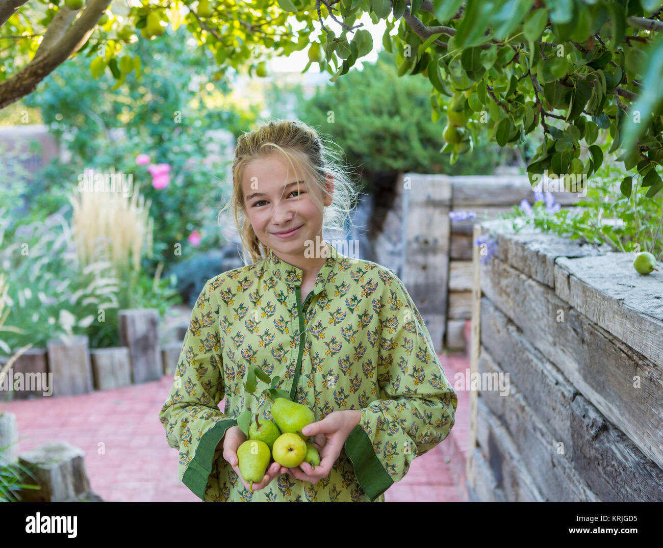 Portrait of smiling Caucasian girl holding pears Stock Photo