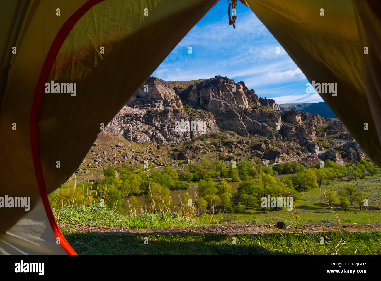 Scenic view of mountain from inside tent Stock Photo