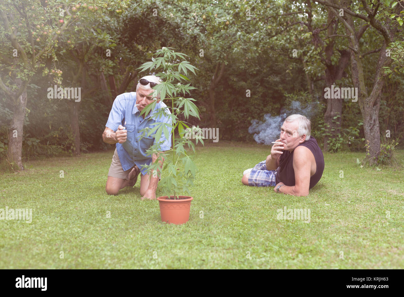 Seniors smoking marijuana and relaxing in the garden Stock Photo
