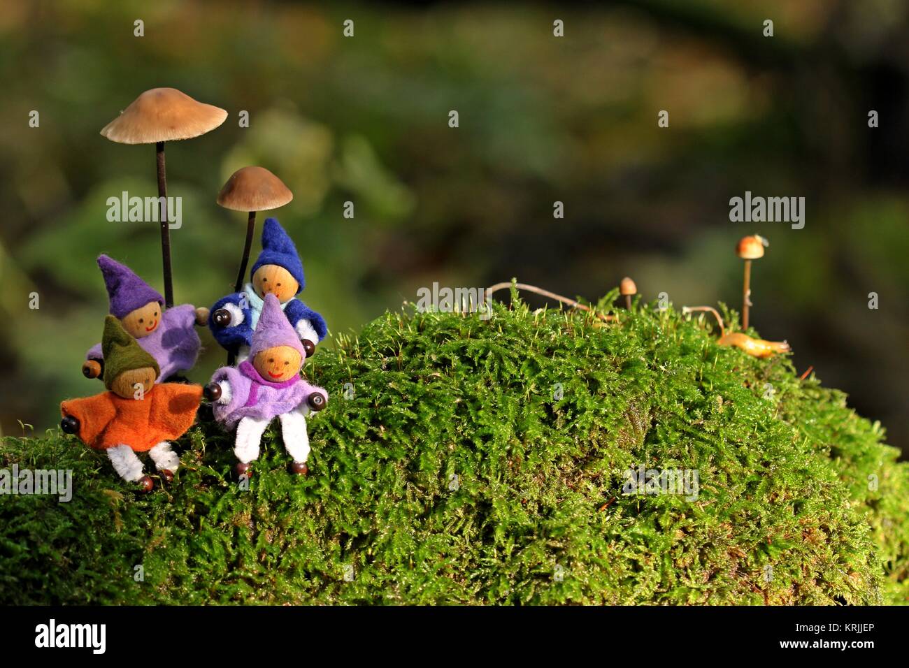 four little gnomes are sitting in the moss under mushrooms Stock Photo