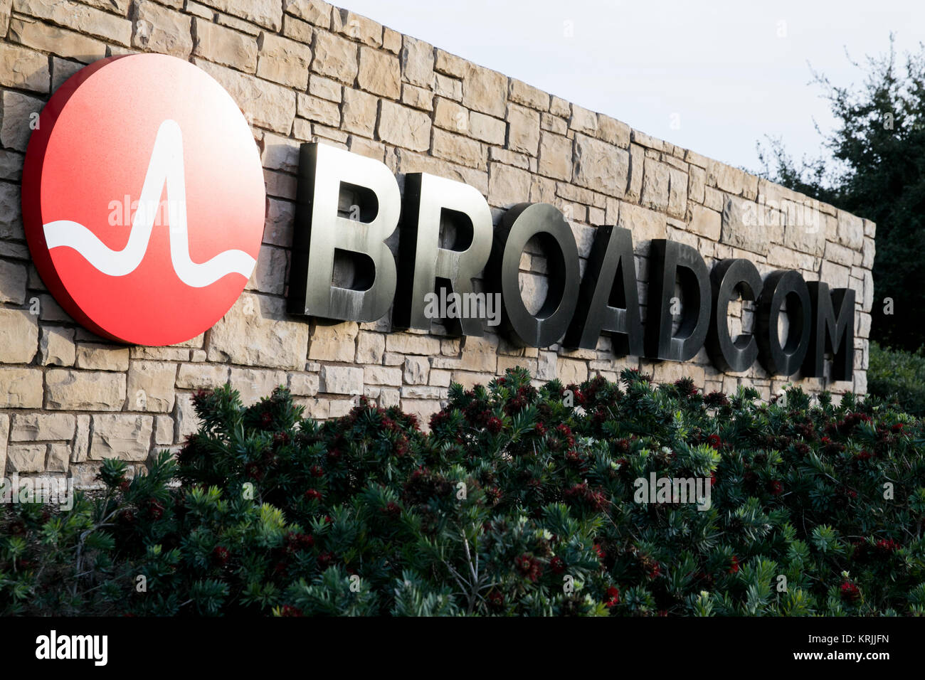 A logo sign outside of the headquarters of the Broadcom Corporation in