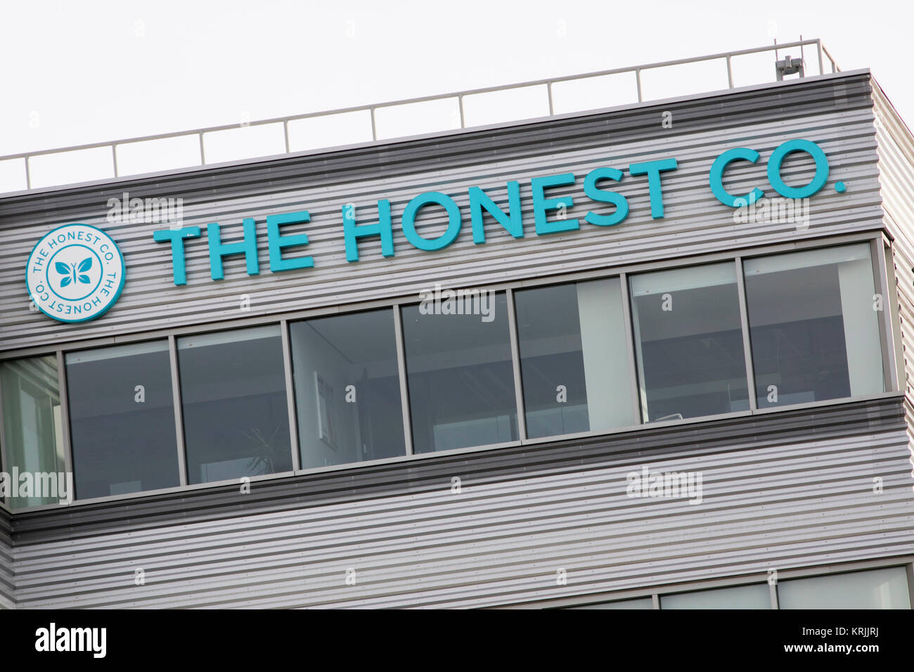 A logo sign outside of the headquarters of The Honest Company in Los Angeles, California, on